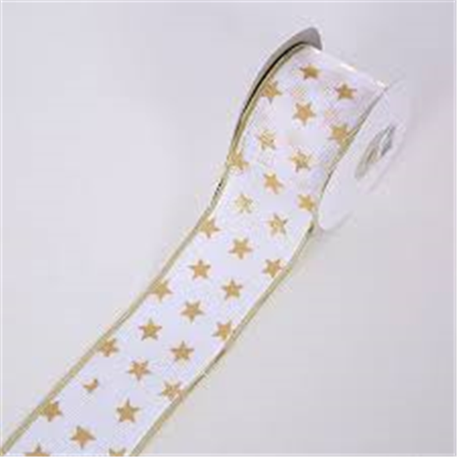 White Hessian Ribbon with Gold Stars Christmas Ribbon